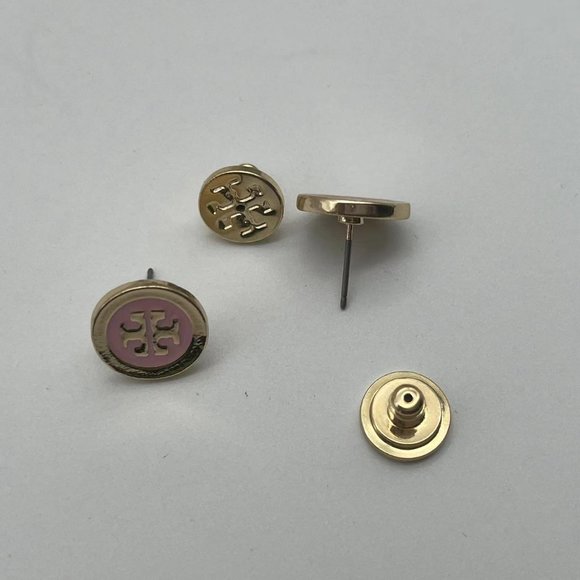 Tory Burch Pink Round Gold Logo Stud Earrings - Picture 5 of 5